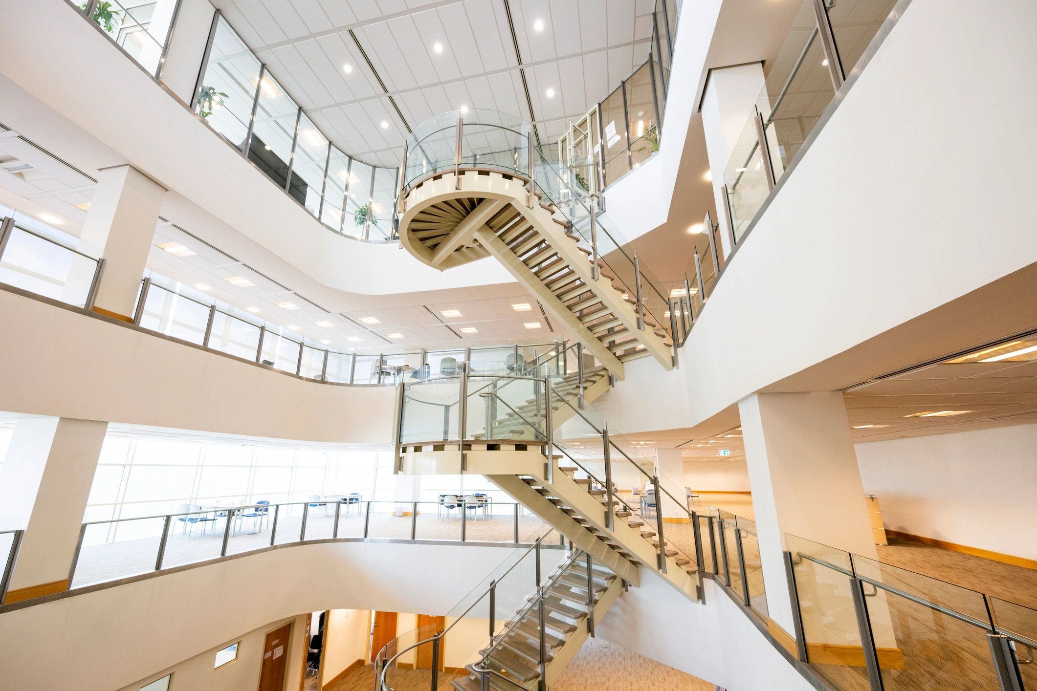 Light-filled modern library atrium with staircase