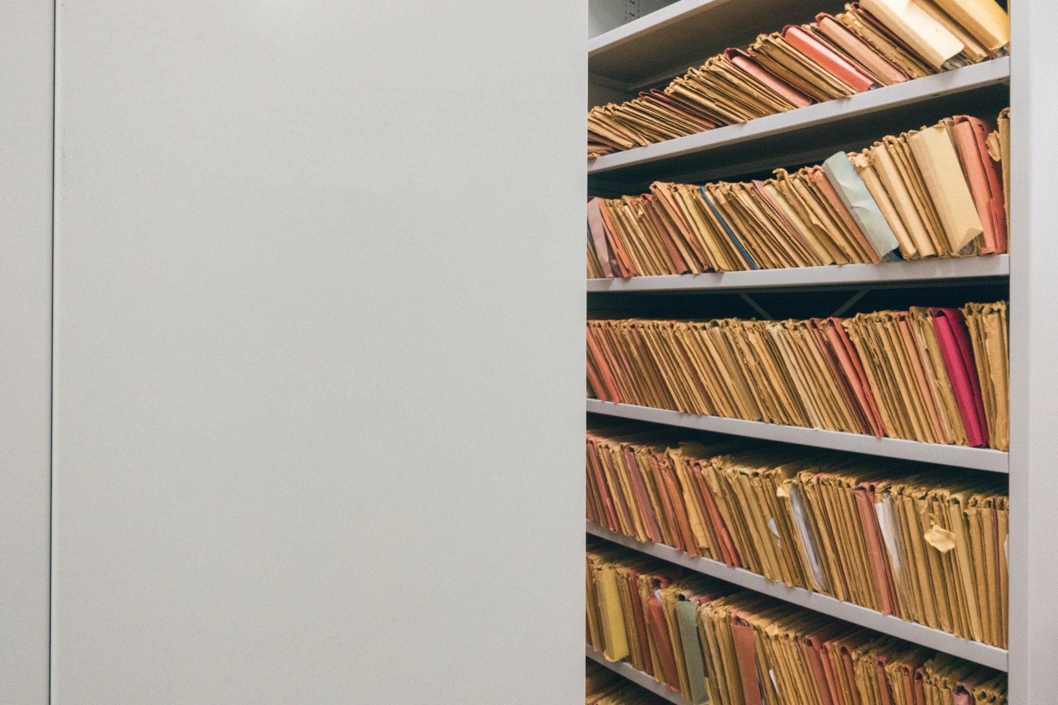 Shelves of archival files in a research archive
